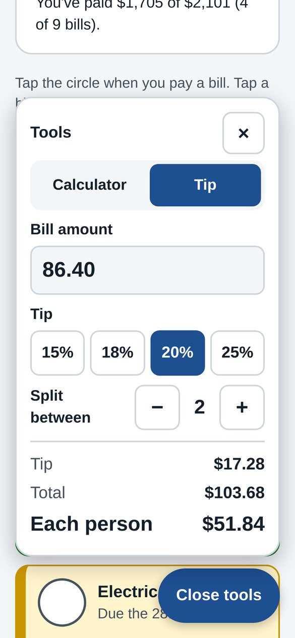 Tip calculator splitting a bill between people